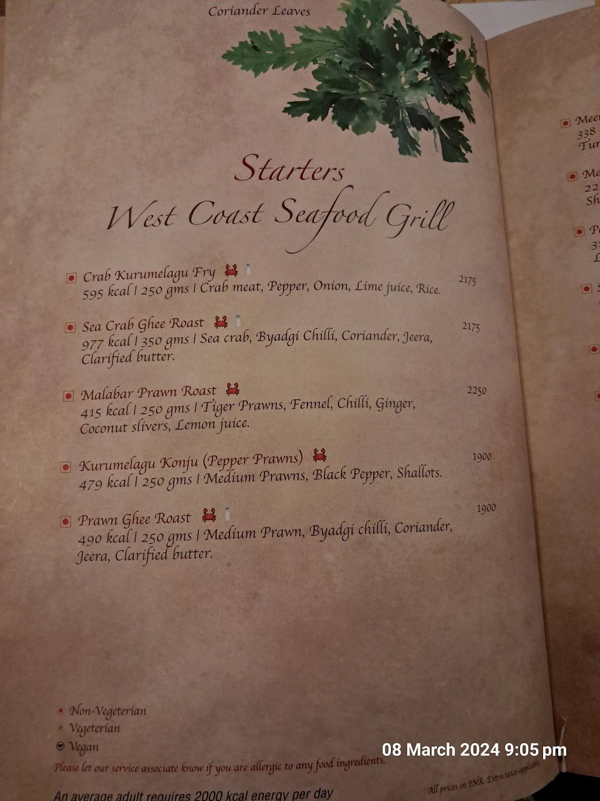 Karavalli - Vivanta Bengaluru, Residency Road menu