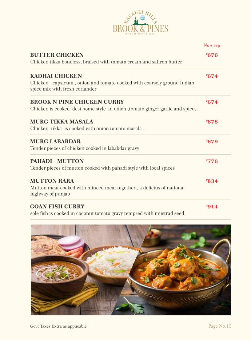 Brook & Pines Restaurant, Microbrewery & Grill menu