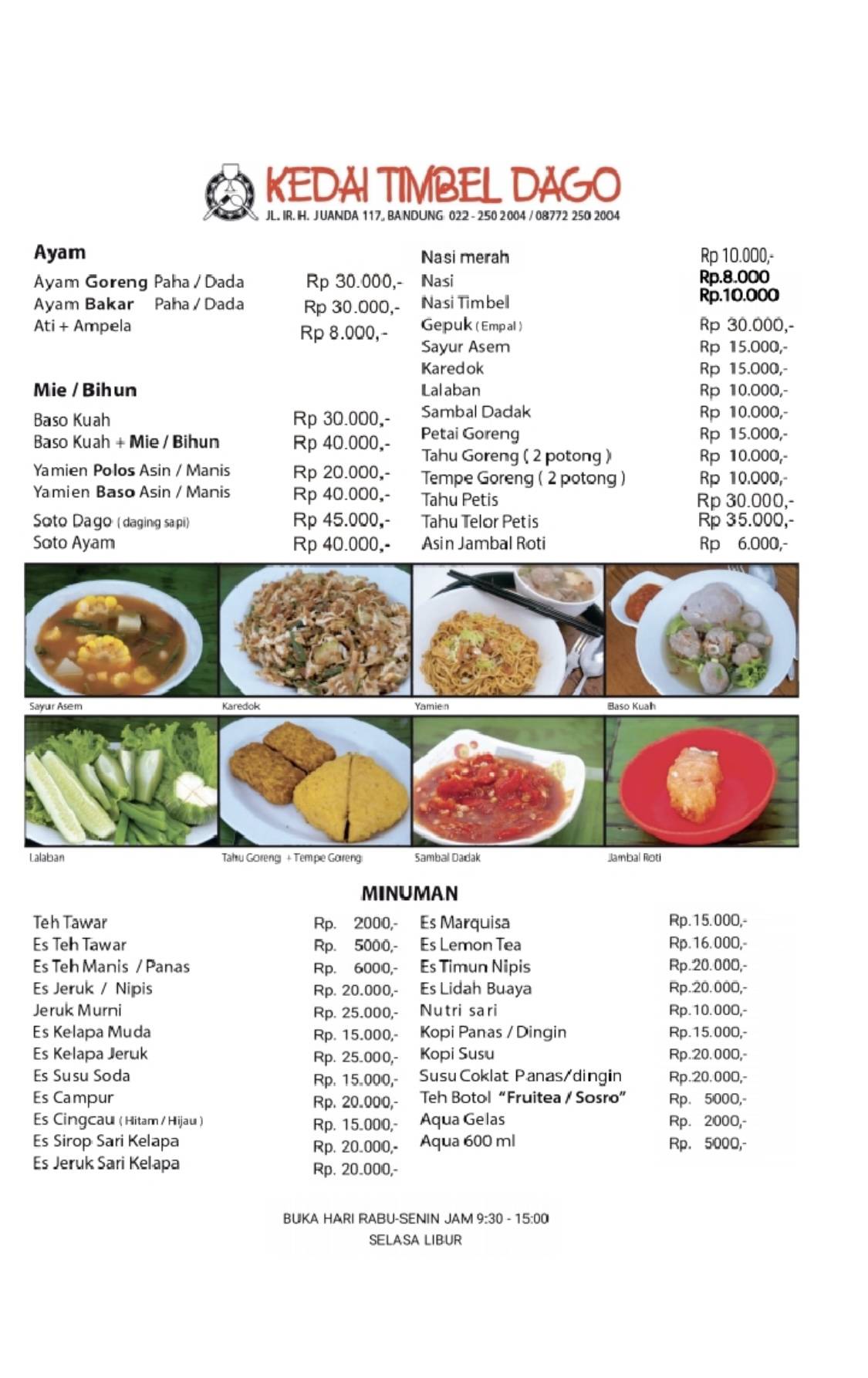 Menu at Kedai Timbel Dago restaurant, Bandung