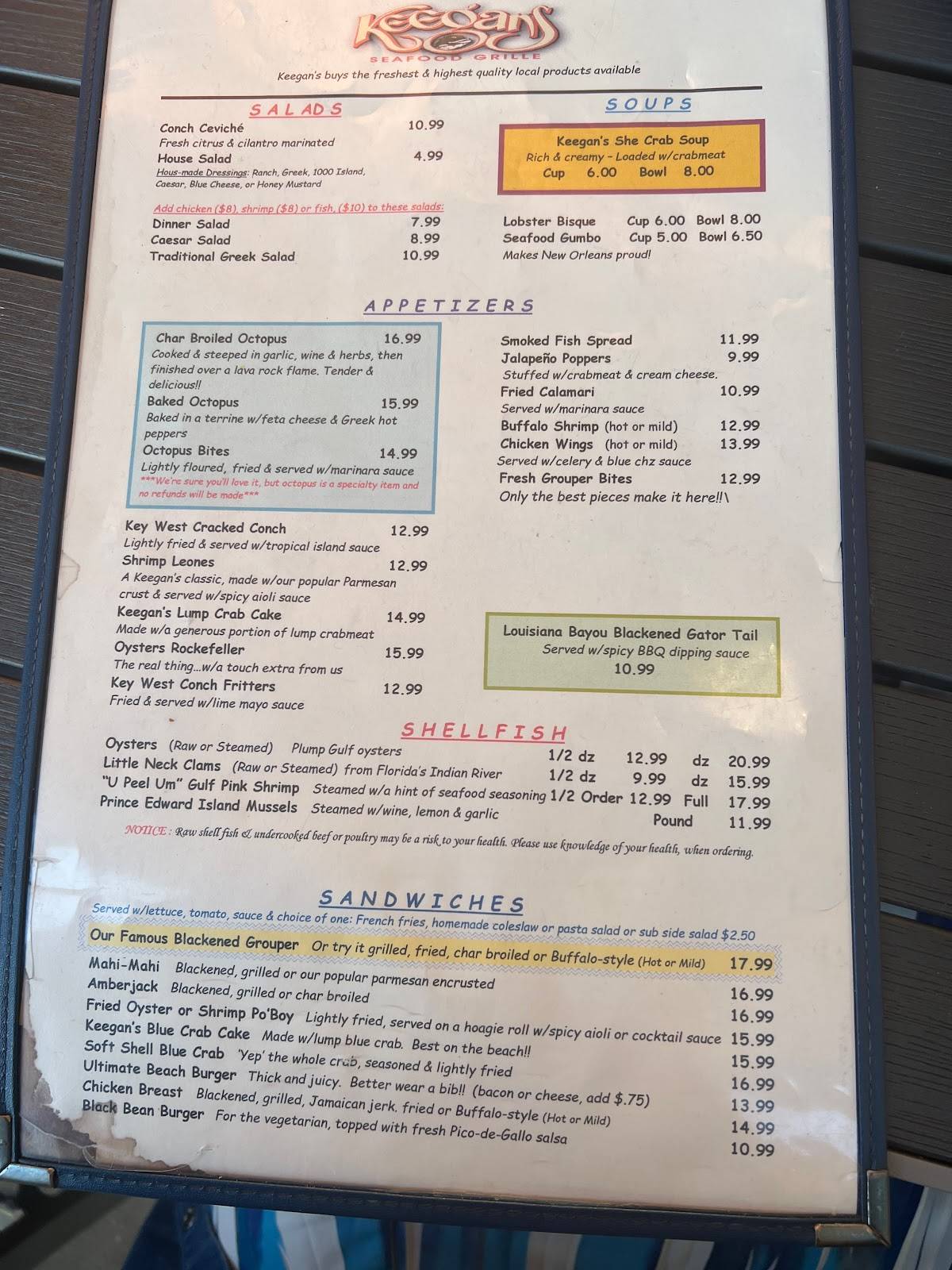 Menu at Keegan's Seafood Grille restaurant, Indian Rocks Beach