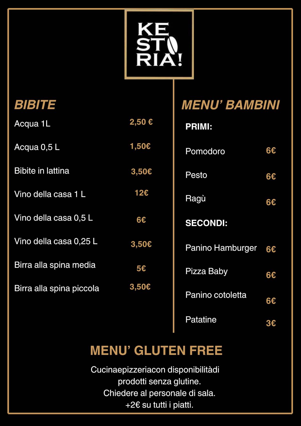 Menu di Kestoria pizzeria ristorante caffetteria lounge bar 