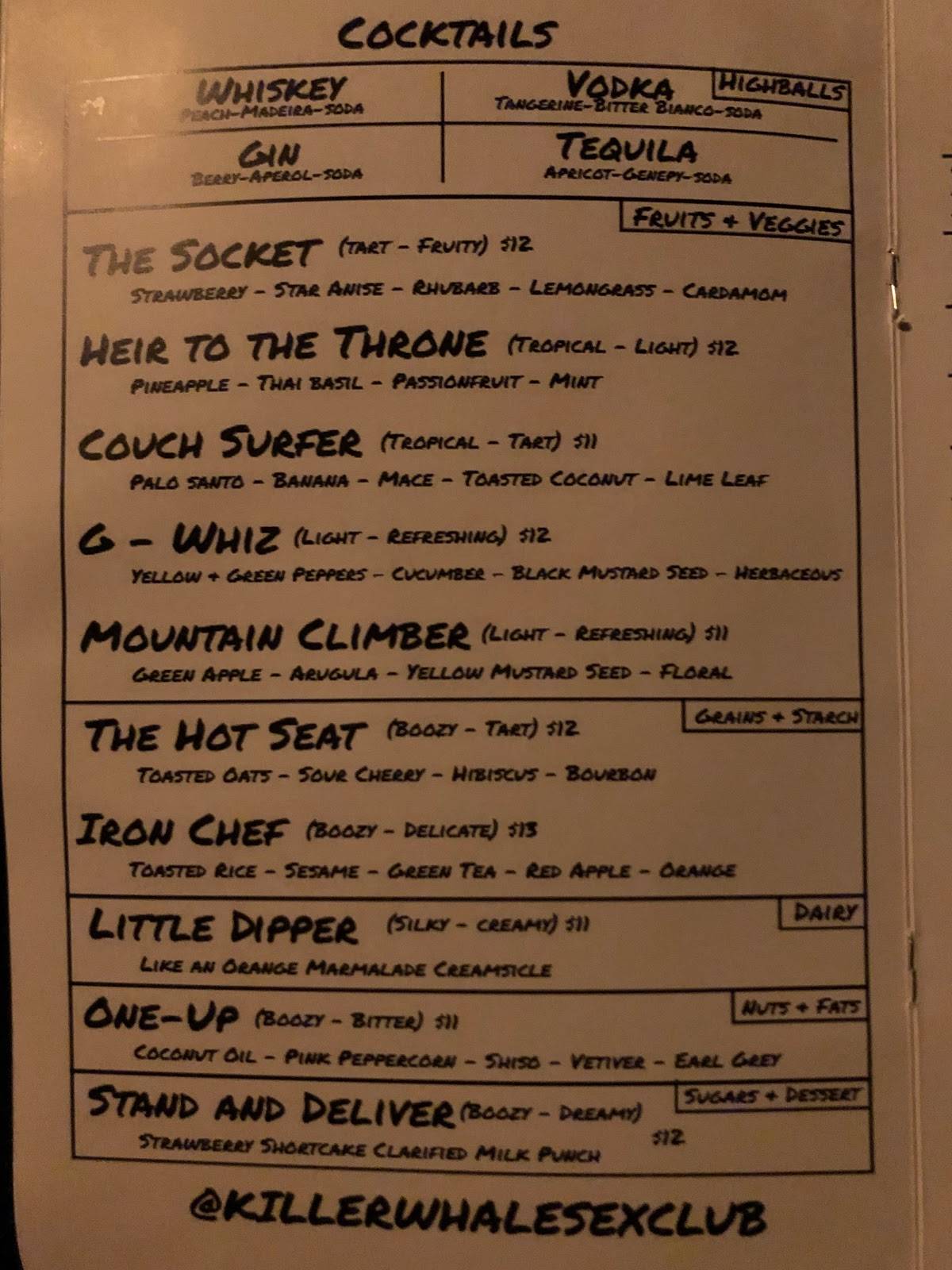 Menu at Killer Whale Sex Club, Phoenix