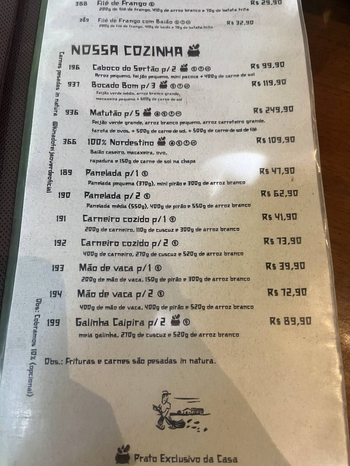 Kina do Feijão cardápio
