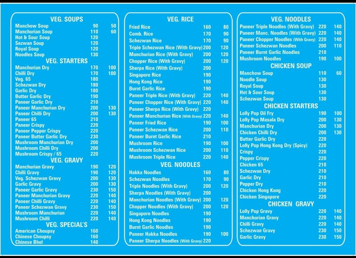 Kings Corner menu