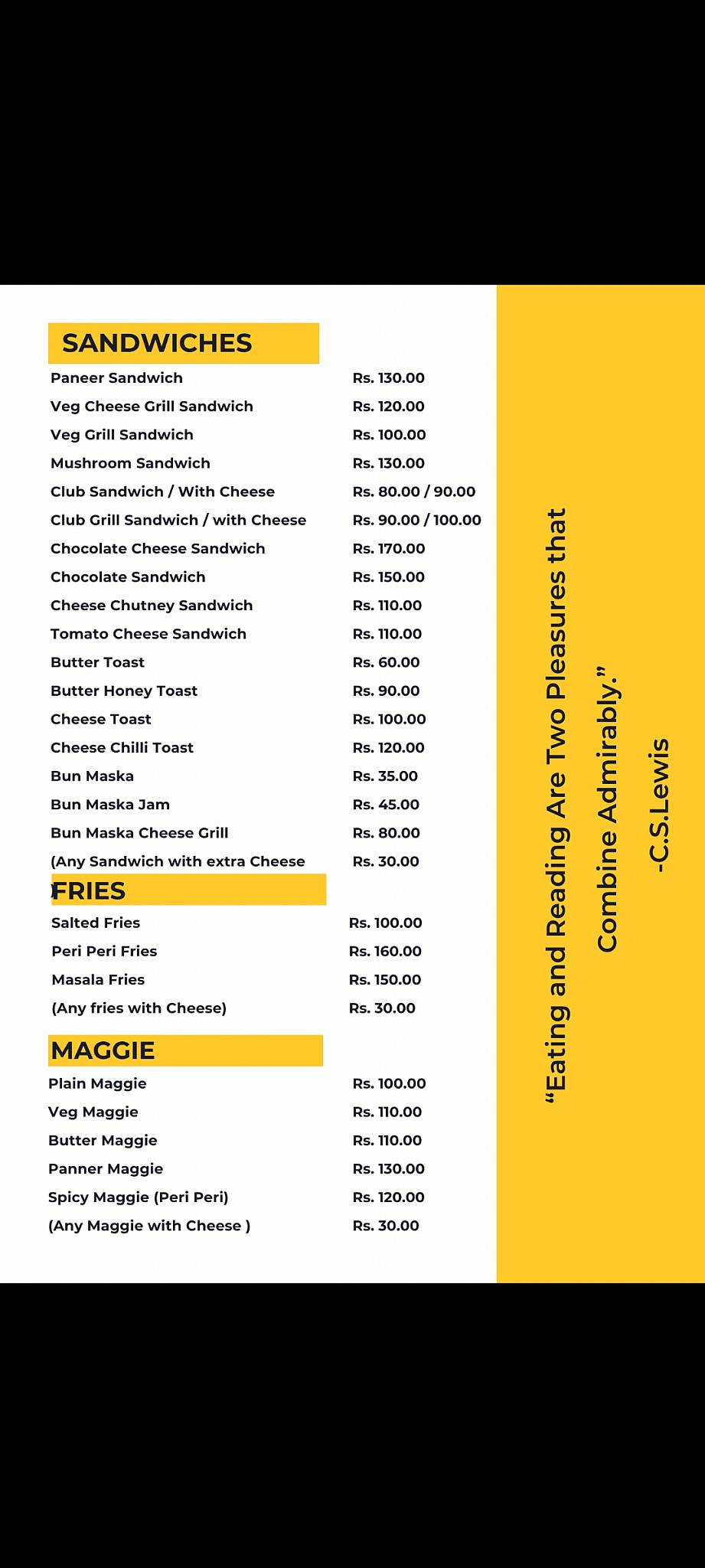 Kitabi Chai Cafe and Book Store menu