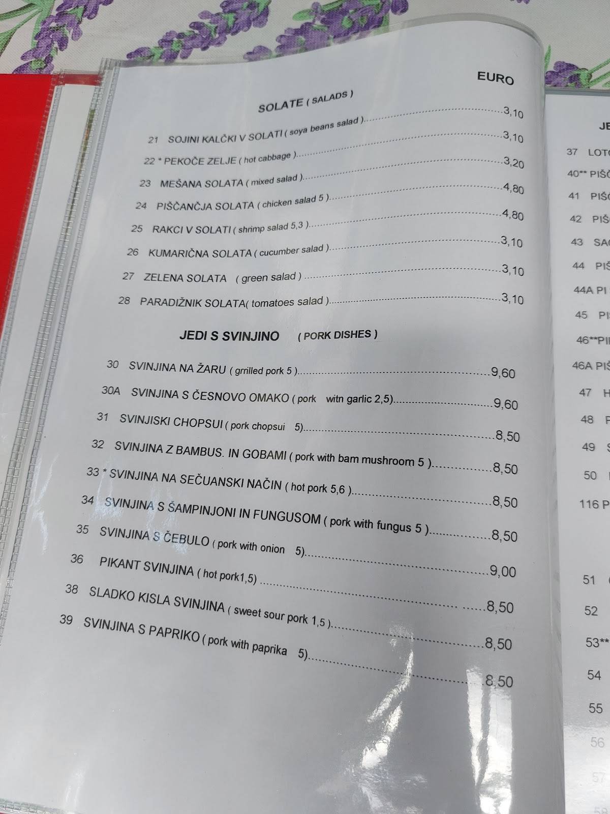 Menu di Kitajska Restavracija Zmajeva Vrata, ZHIFU 