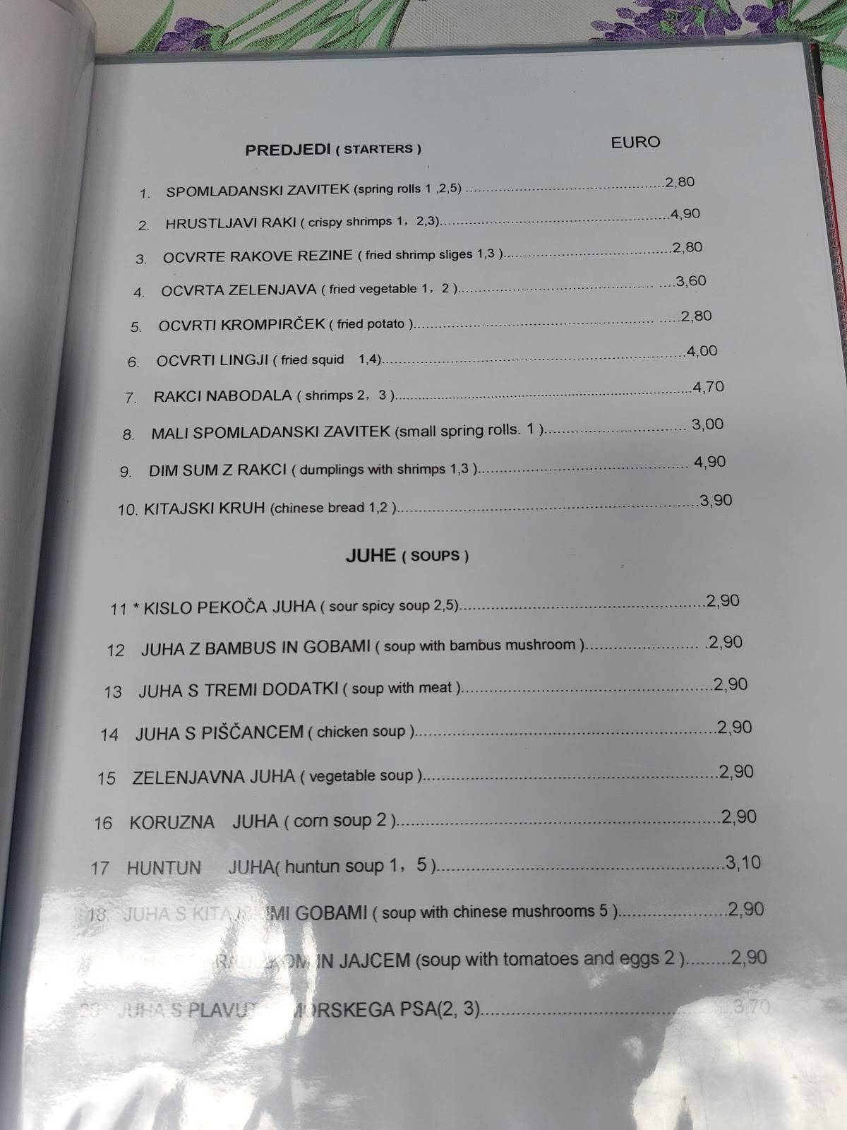 Menu di Kitajska Restavracija Zmajeva Vrata, ZHIFU 