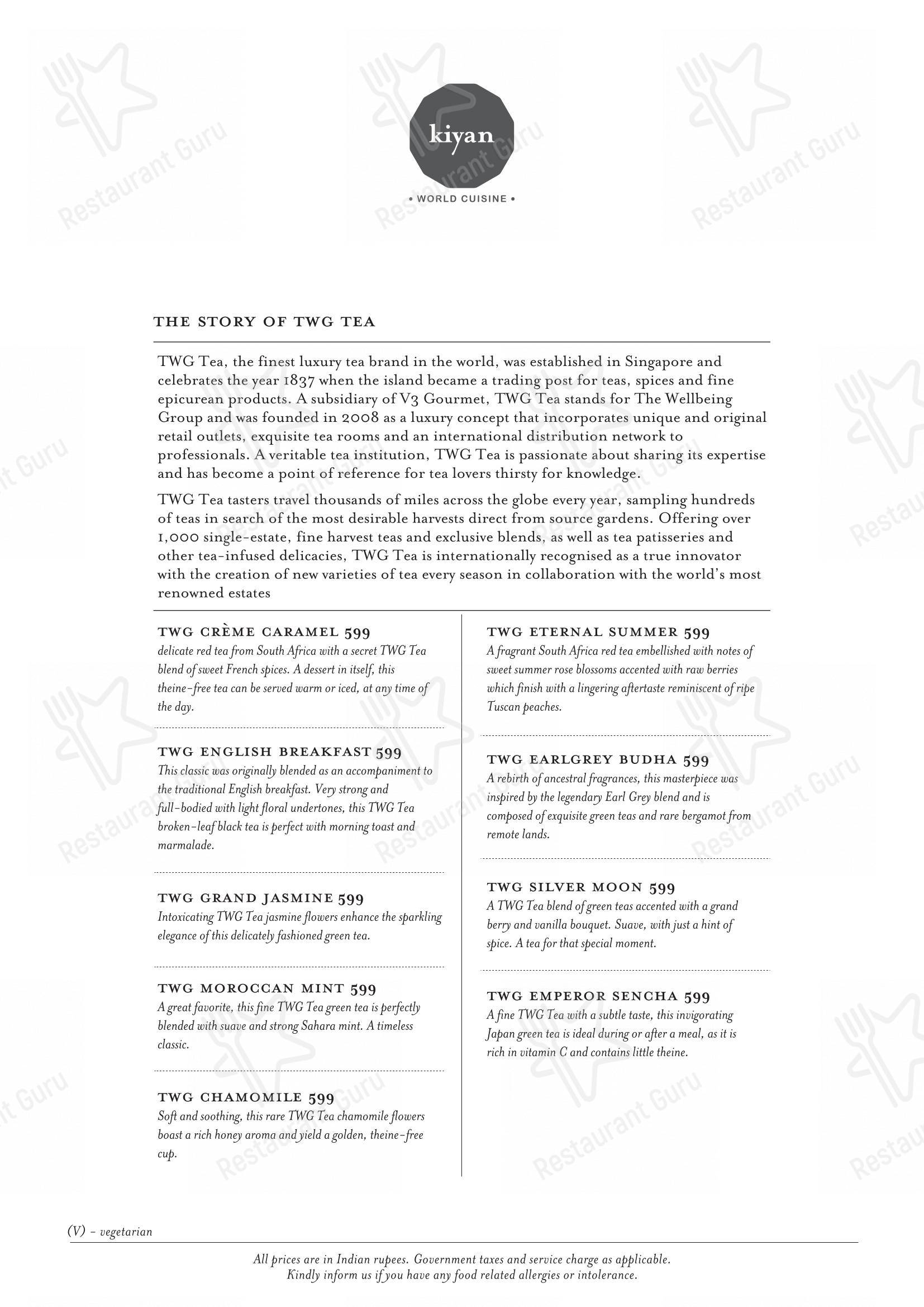 Menu bar for Kiyan, New Delhi in New Delhi