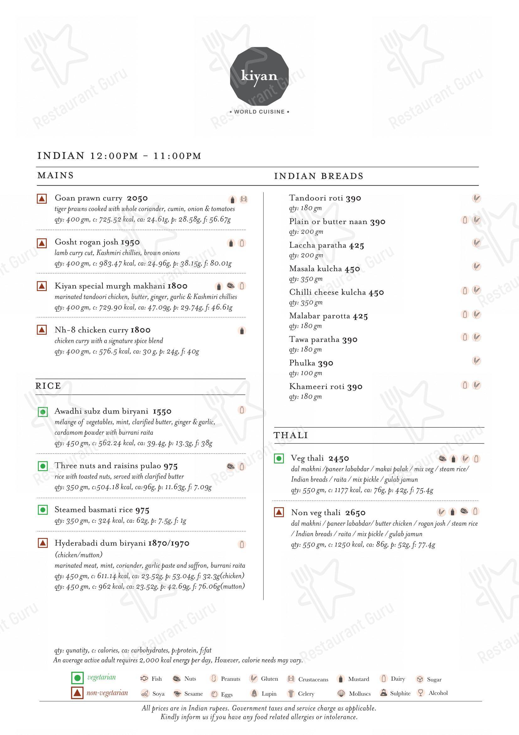 Menu bar for the Kiyan, New Delhi restaurant