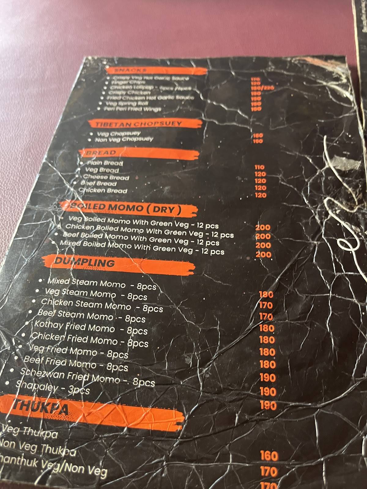 Tibetan Chef's Restaurant menu