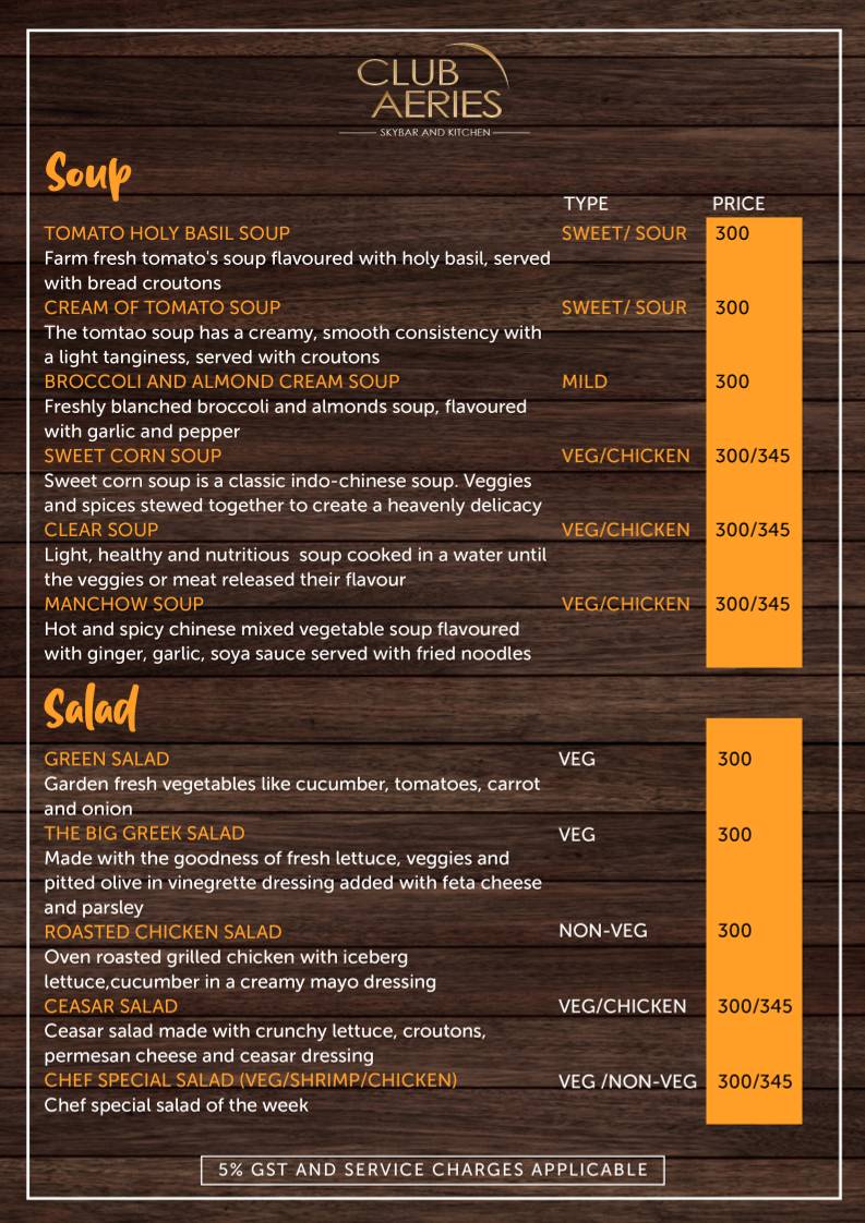CLUB AERIES - SKYBAR & KITCHEN menu