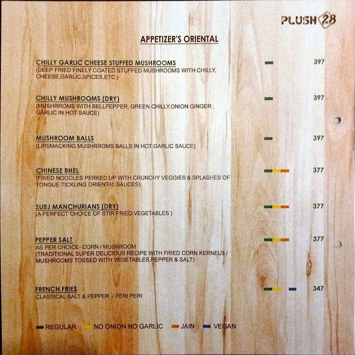 Plush 28 -Pure Veg Restaurant menu