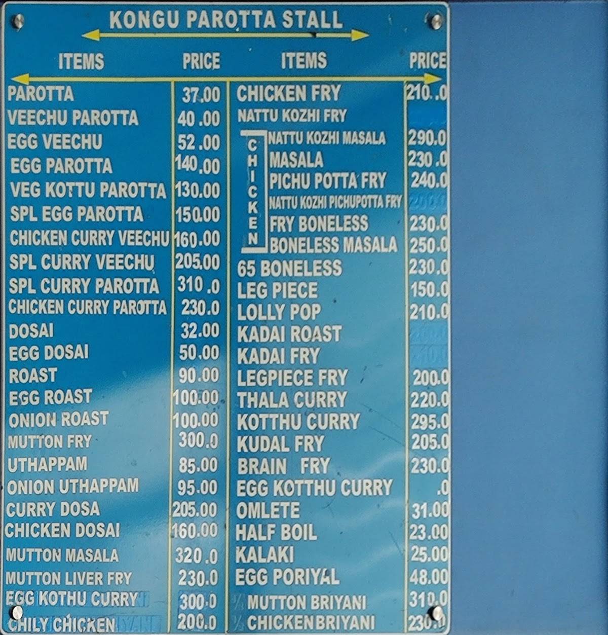 Kongu Parotta Stall menu