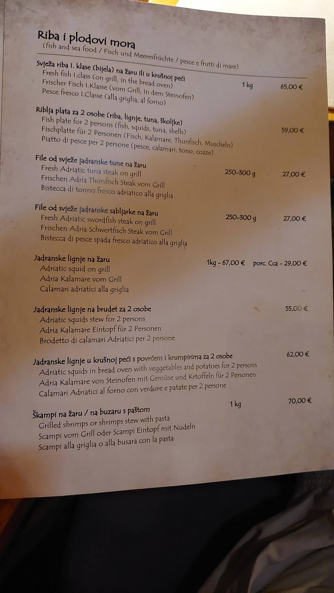 Menu di Konoba Skalinada 