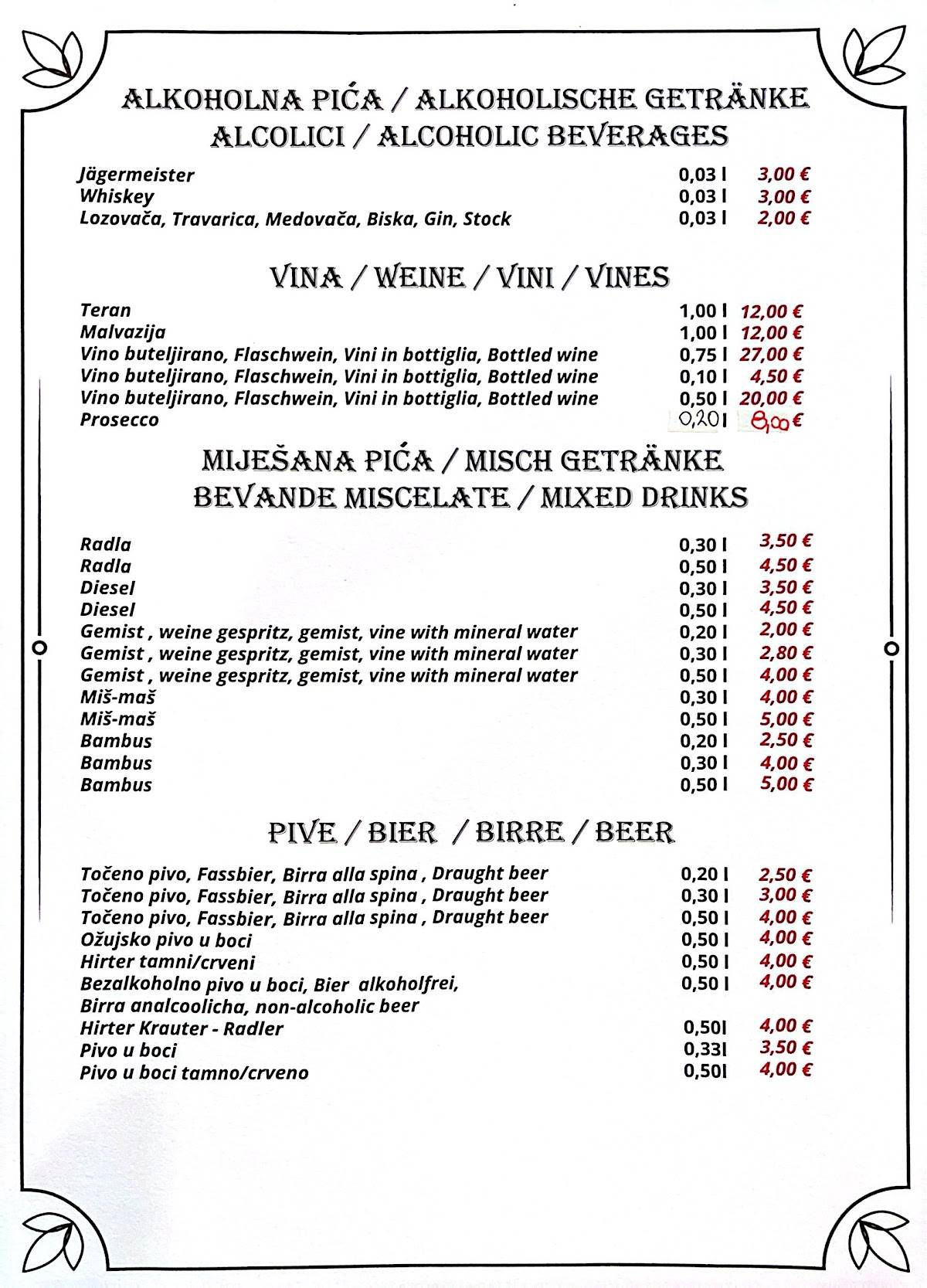 Menu di Konoba Teran 