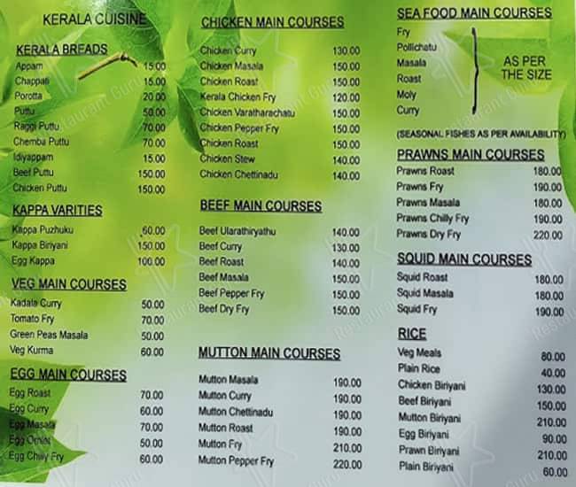 Kottayam Cafe Kerala Restaurant menu