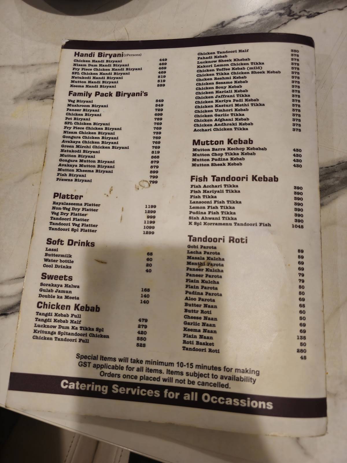Kritunga Restaurant menu