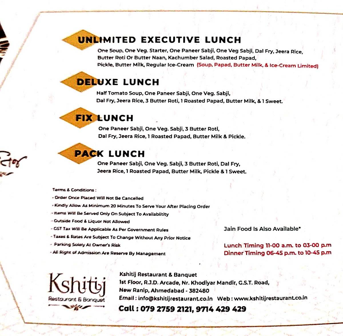 Kshitij Restaurant & Banquet menu