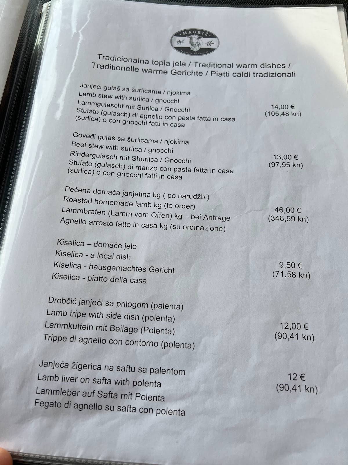 Menu di KUŠAONA MAGRIŽ Vesna Mrakovčić 