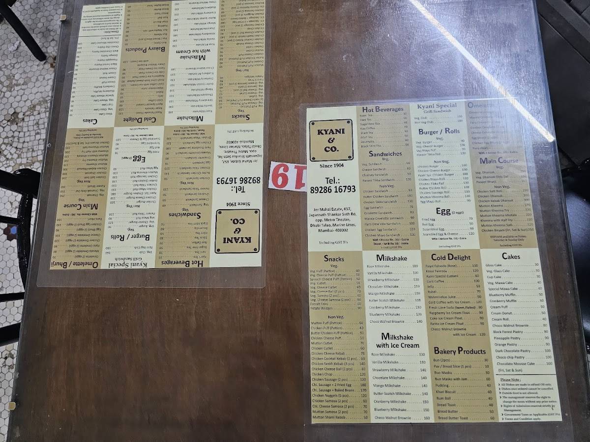 Kyani & Co. Legendary Irani Restaurant, Bakers menu