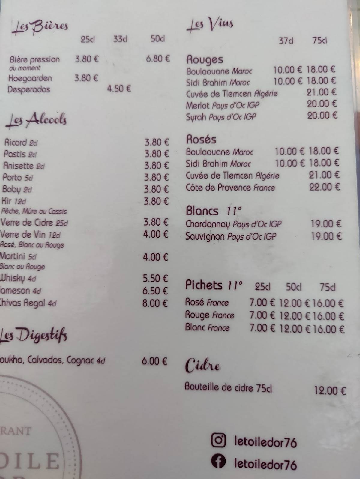Menu de L'Étoile D'Or
