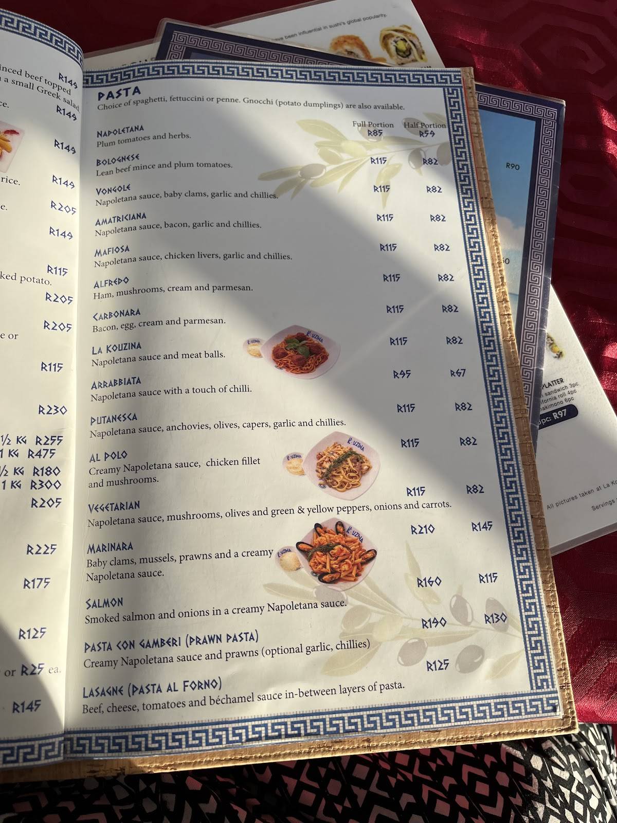 Menu at LA KOUZINA restaurant, Port Elizabeth