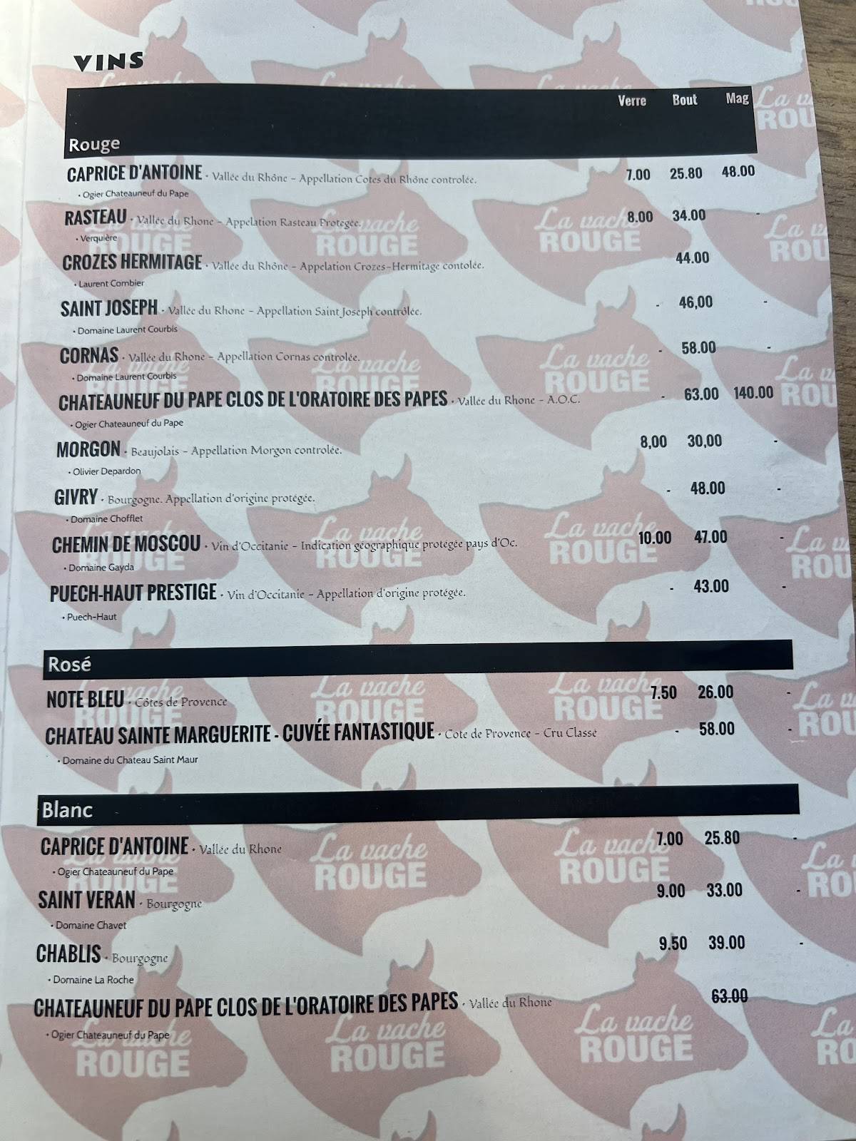 Menu de LA VACHE ROUGE