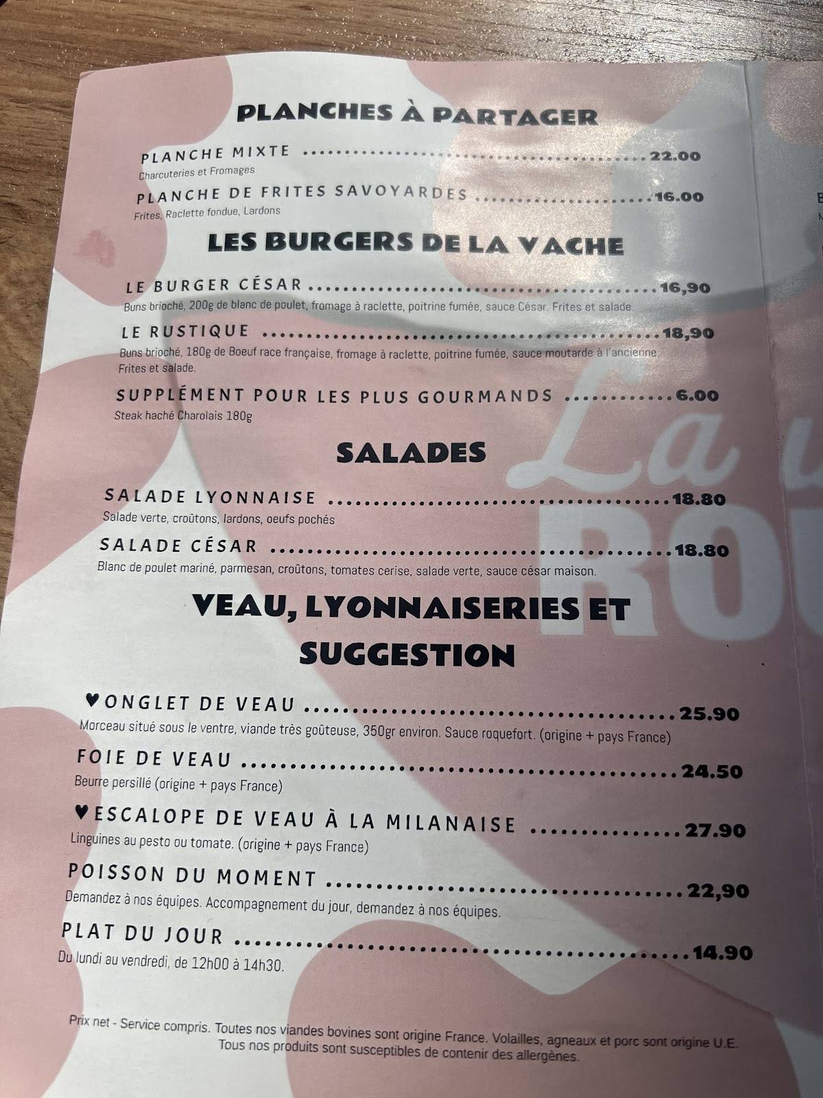 Menu de LA VACHE ROUGE