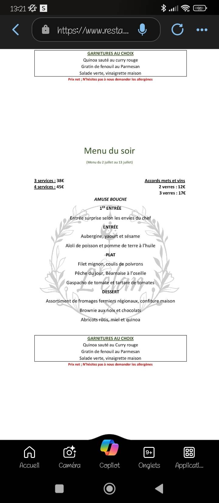 Menu de L'Élan