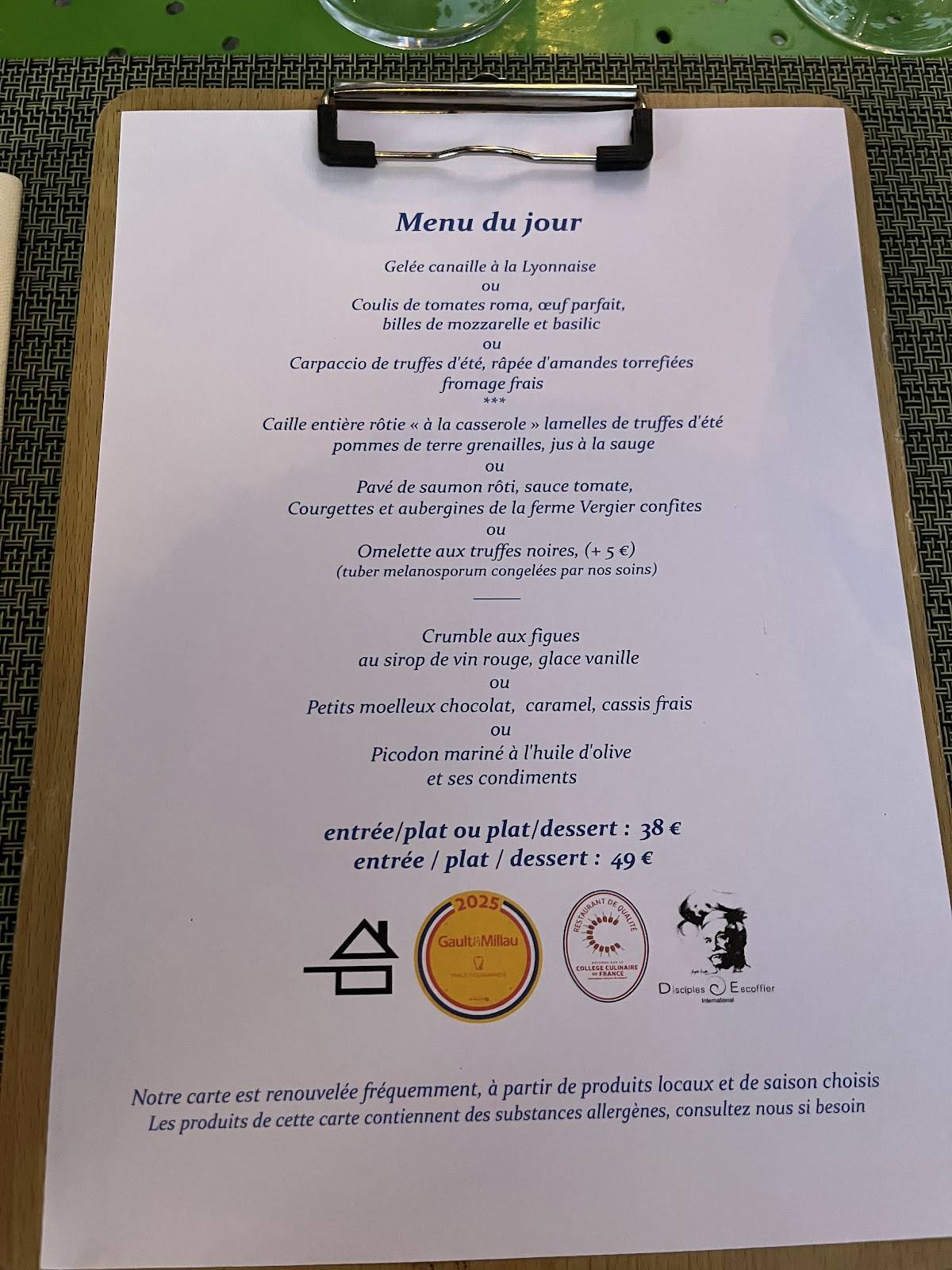 Menu de L'Escapade