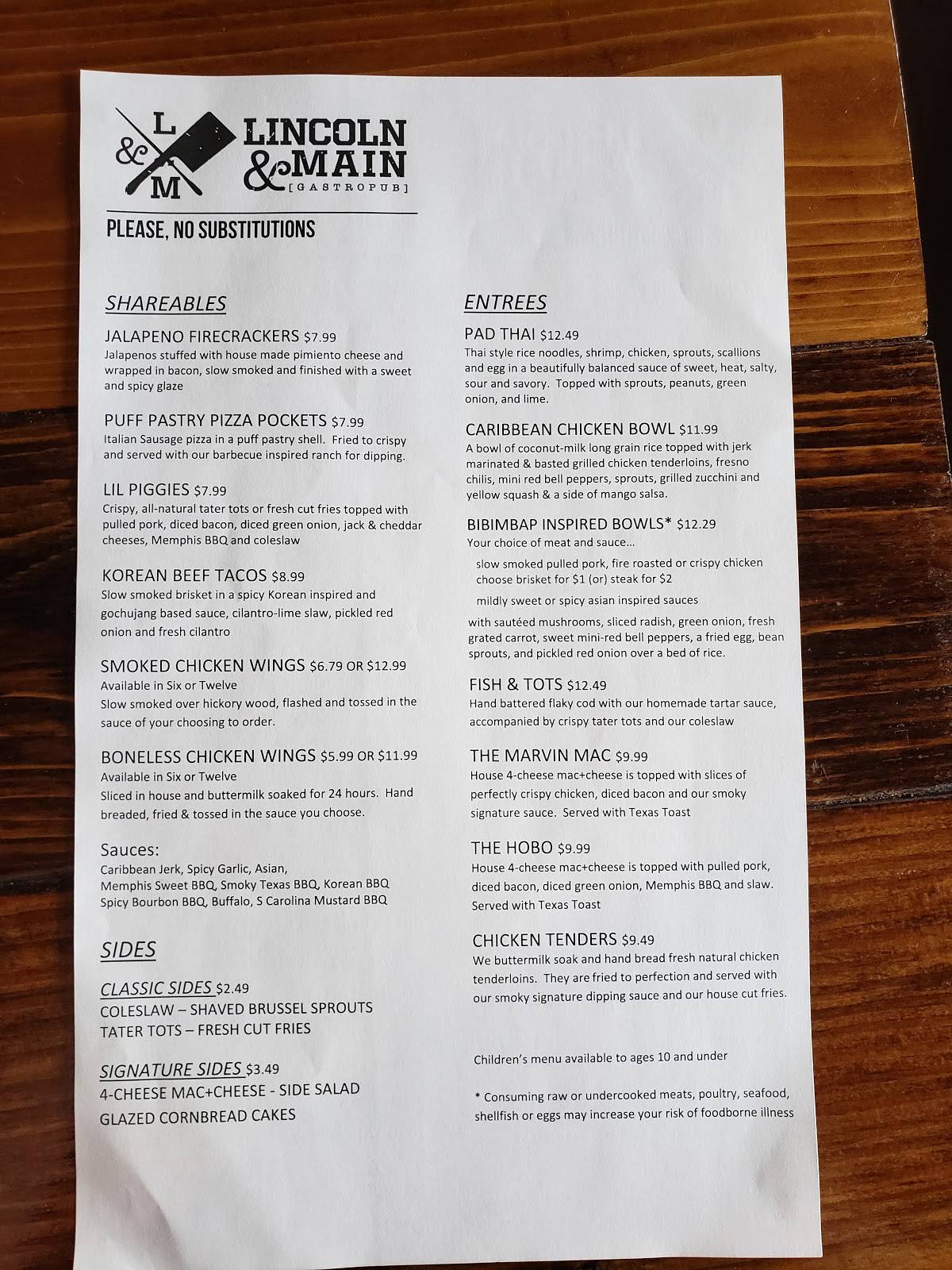 Menu at LINCOLN & MAIN GASTROPUB, Urbana