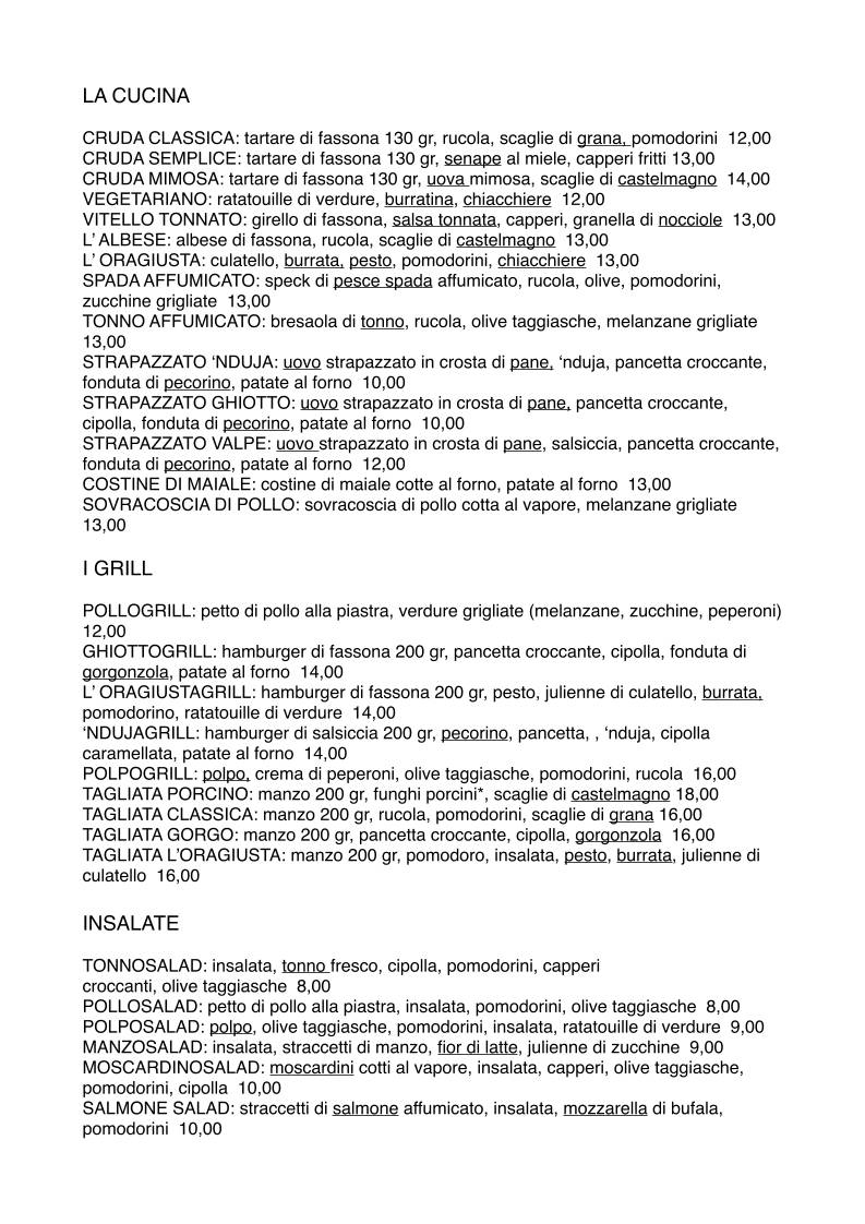 Menu di L'Oragiusta Moncalieri Bar Hamburgeria Tabaccheria 