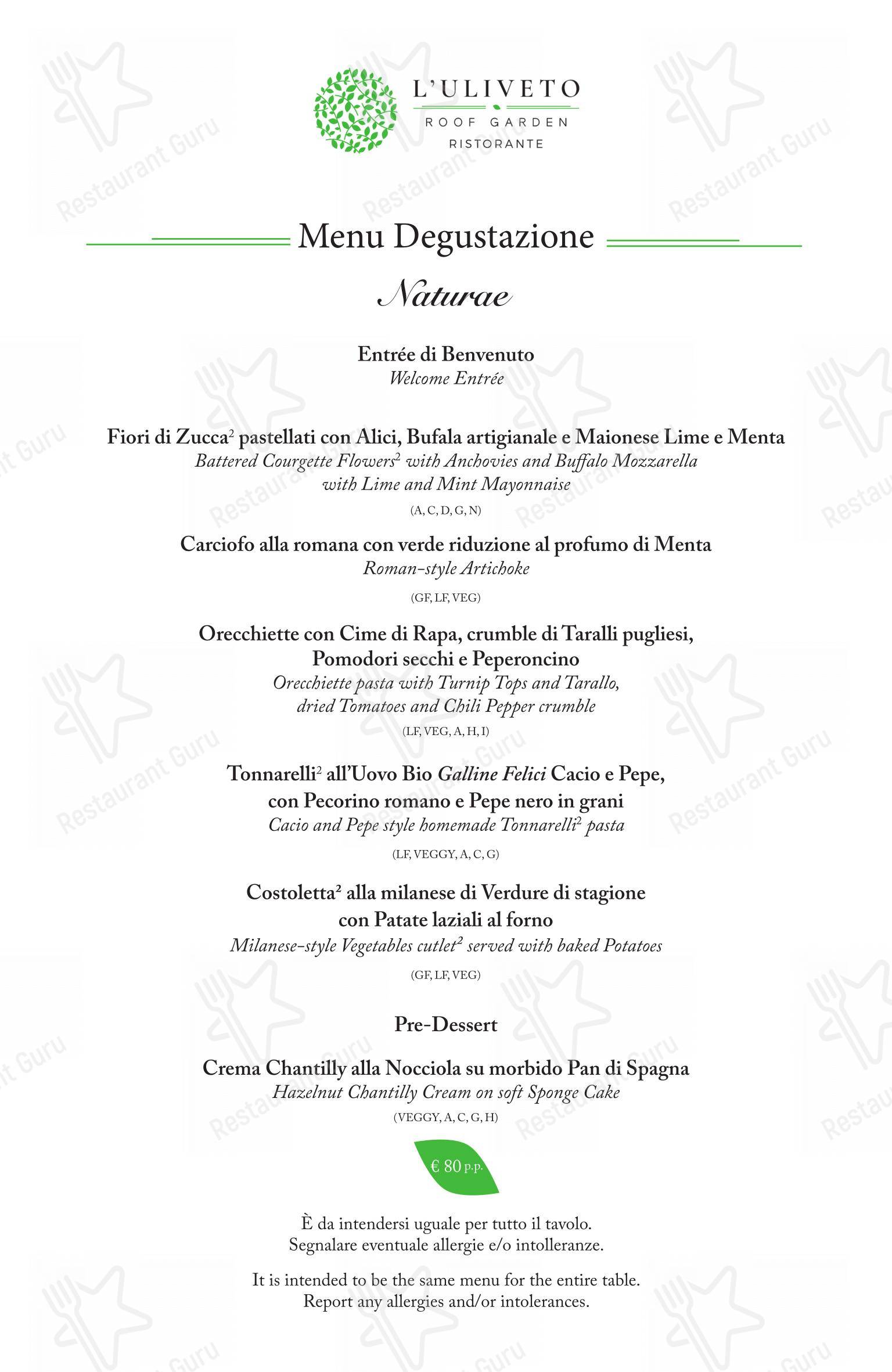 菜单 per L'Uliveto Roof Garden - Ristorante panoramico in Roma