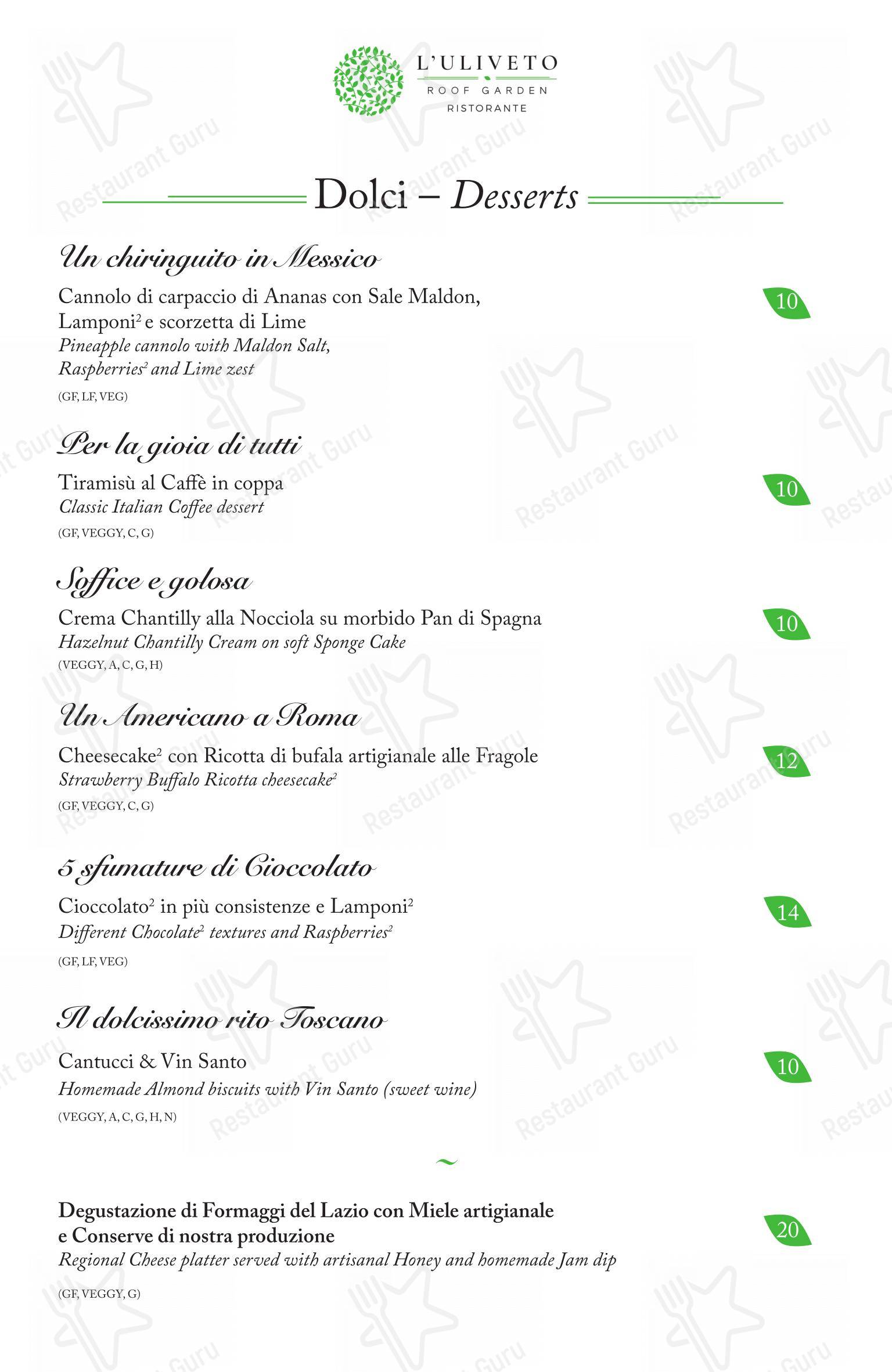 L'Uliveto Roof Garden - Ristorante panoramico in Roma - 菜单