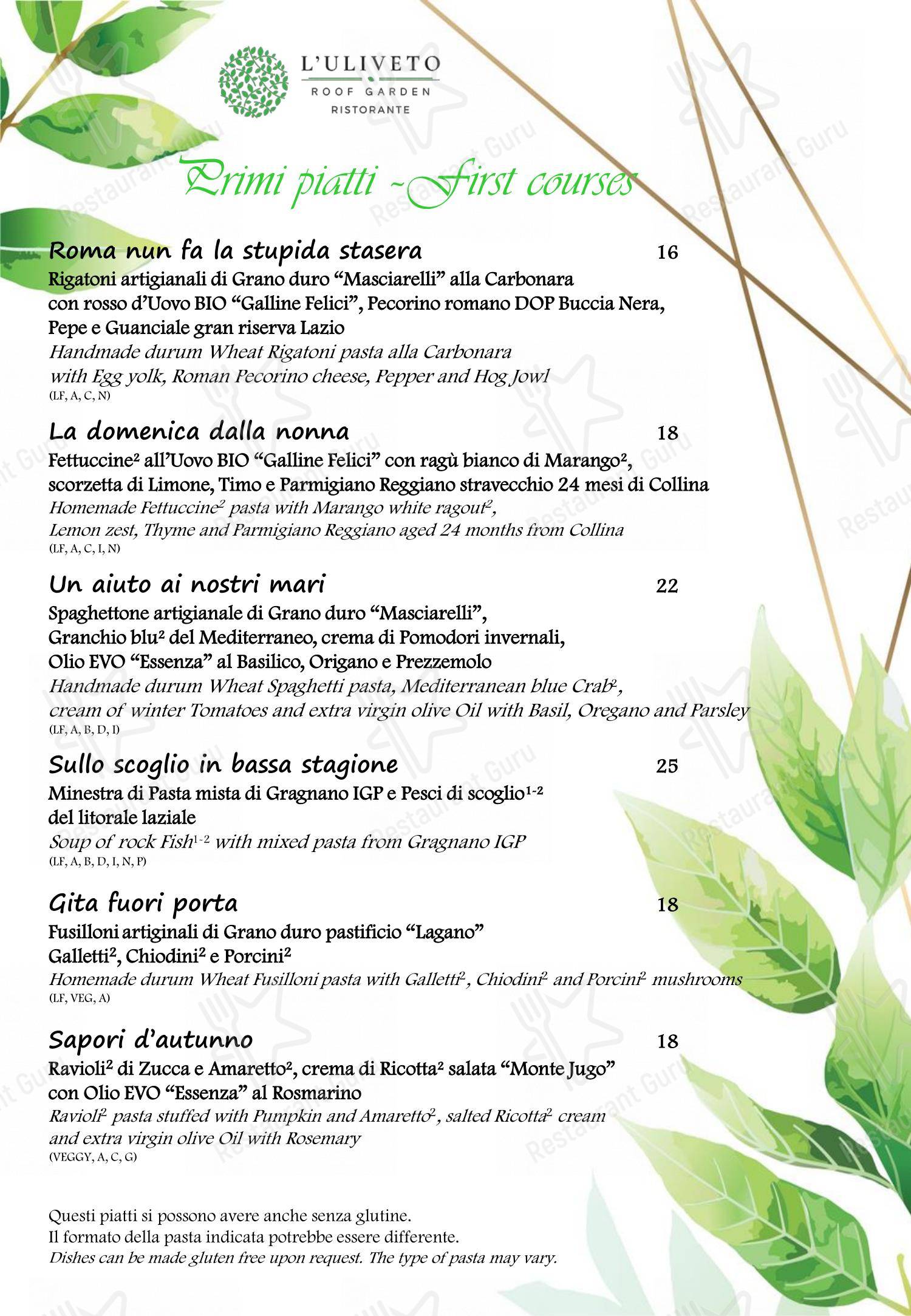 Menu per L'Uliveto Roof Garden - Ristorante panoramico in Roma