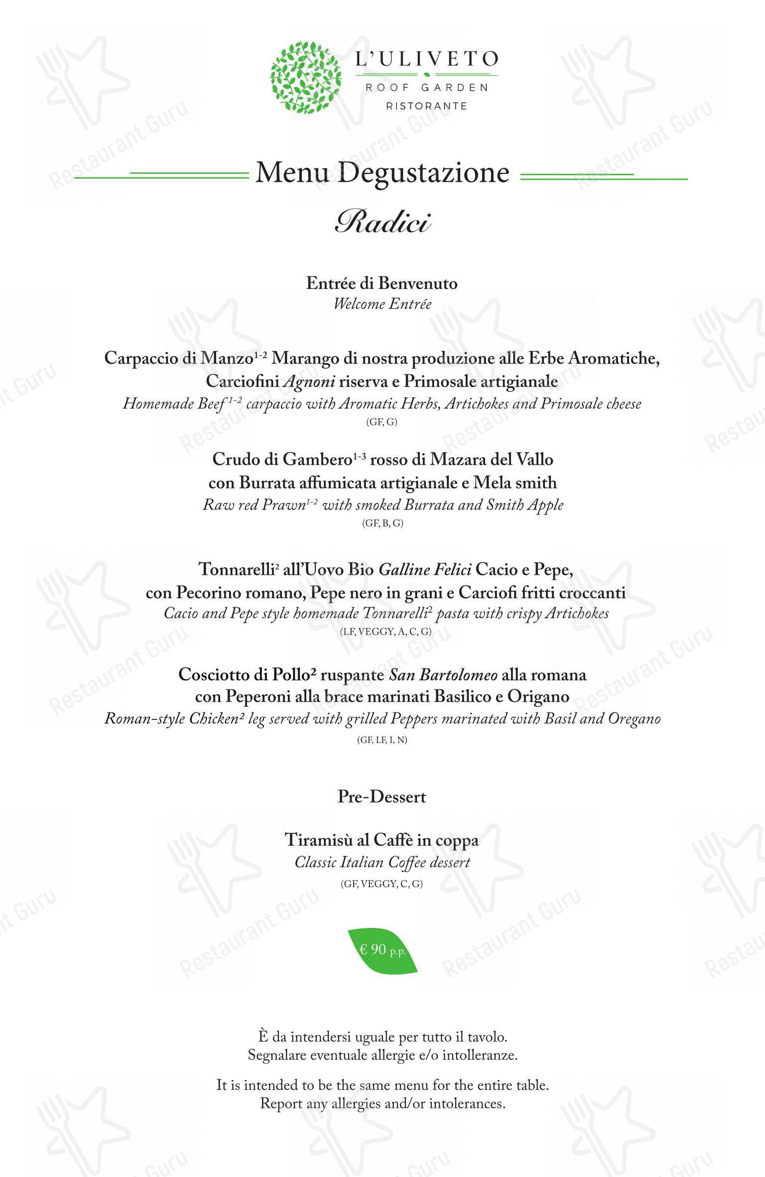 L'Uliveto Roof Garden - Ristorante panoramico in Roma - 菜单