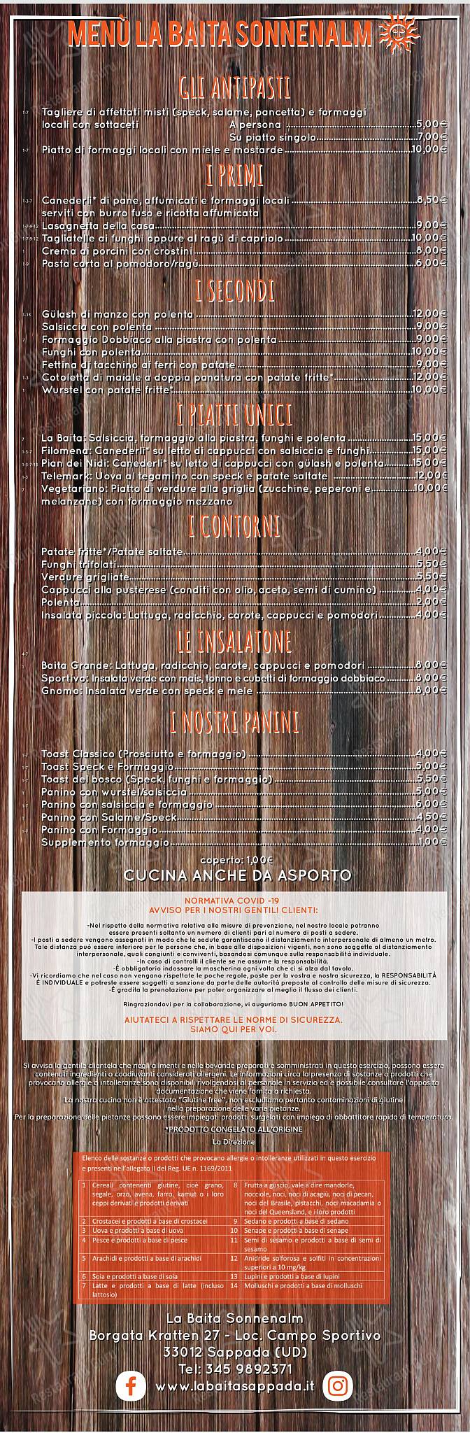 La Baita Sonnenalm in Sappada - Menu