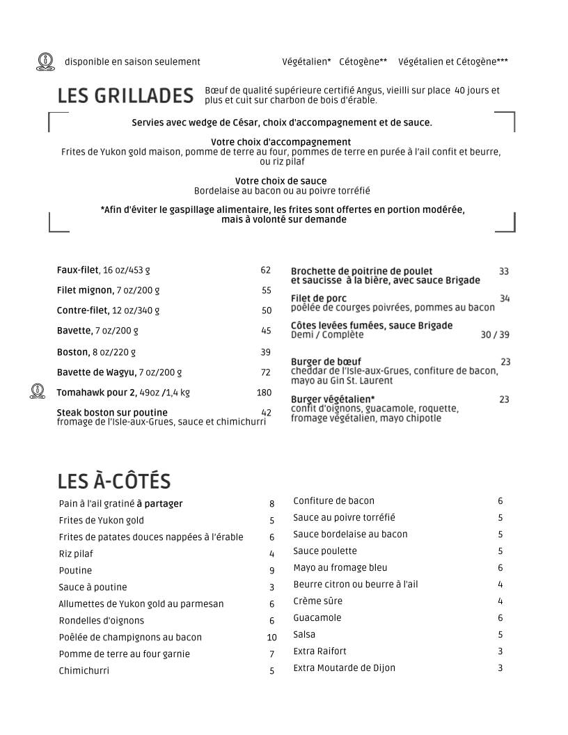 Menu de La Brigade 225