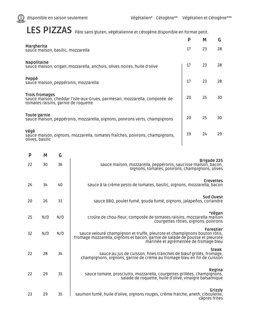 Menu de La Brigade 225