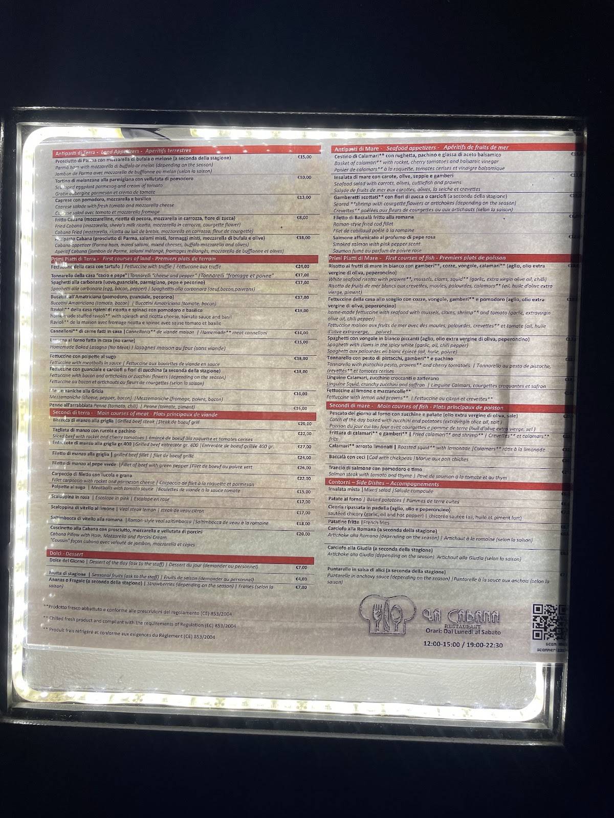 Menu de La Cabana