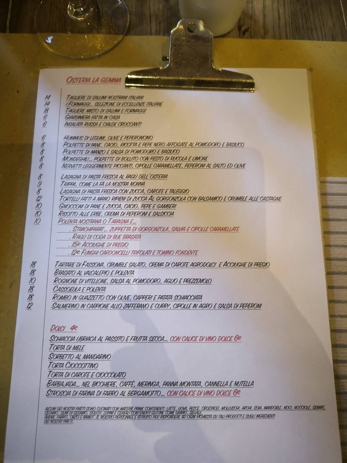 Menu di La Gemma 