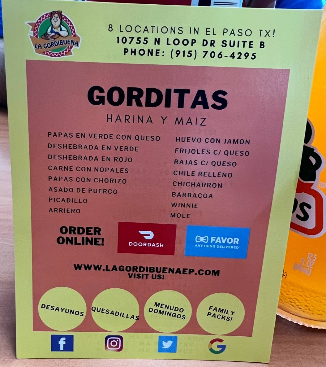 Menu at La Gordibuena Socorro restaurant, Socorro