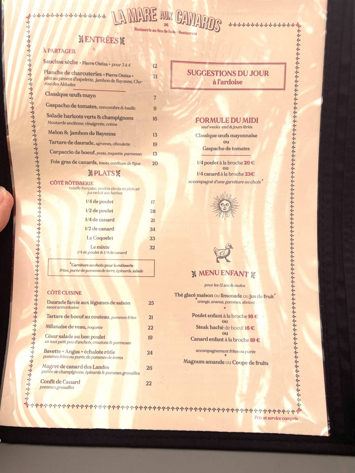 Menu de La Mare aux Canards