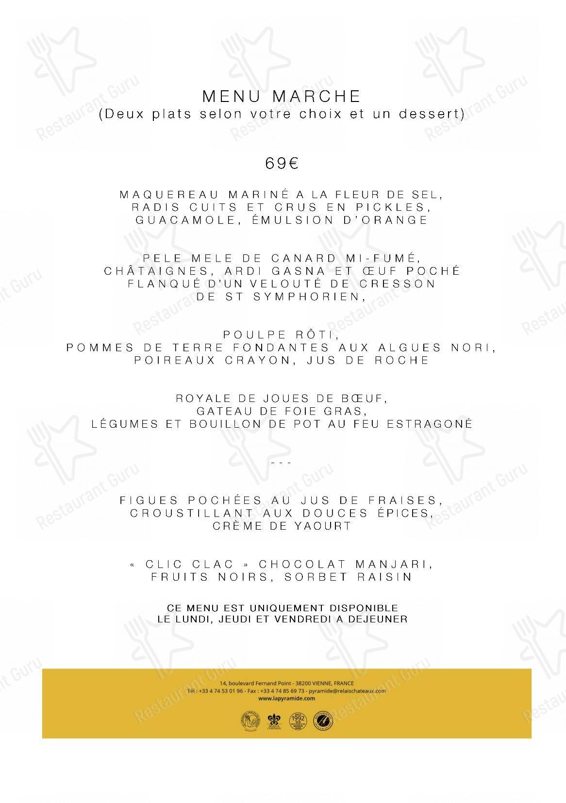 Food and Drinks menu pour La Pyramide - Hôtel Restaurant (Isère) dans Vienne