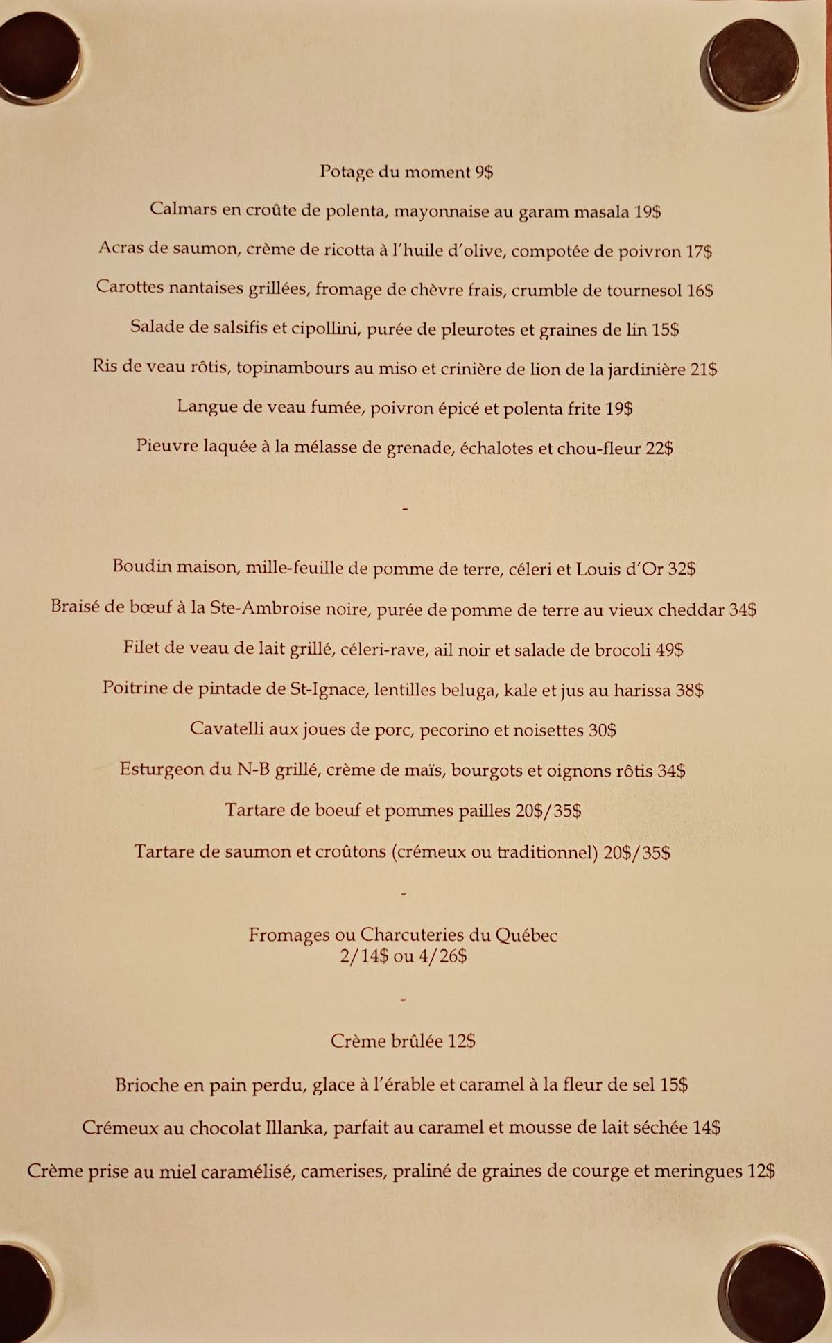 Menu de La Réserve Bistro