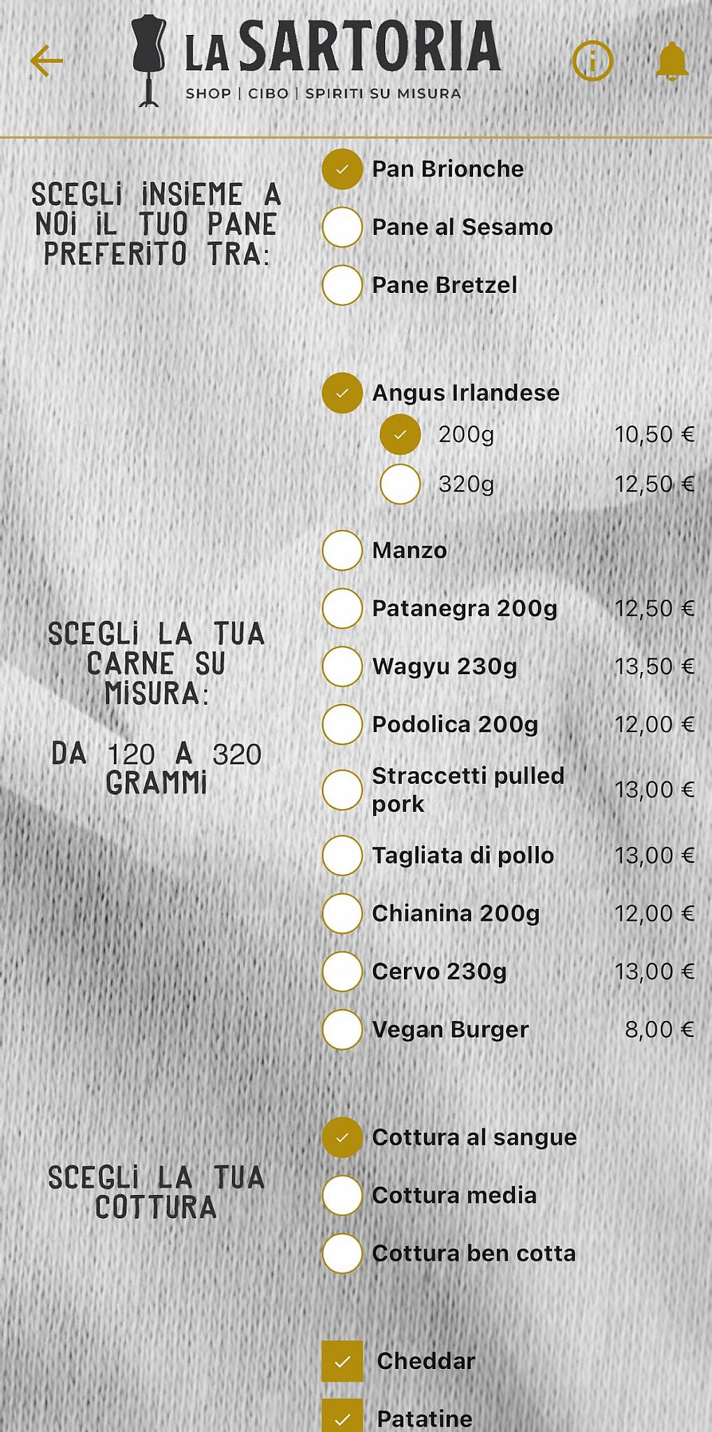 Menu di La Sartoria 