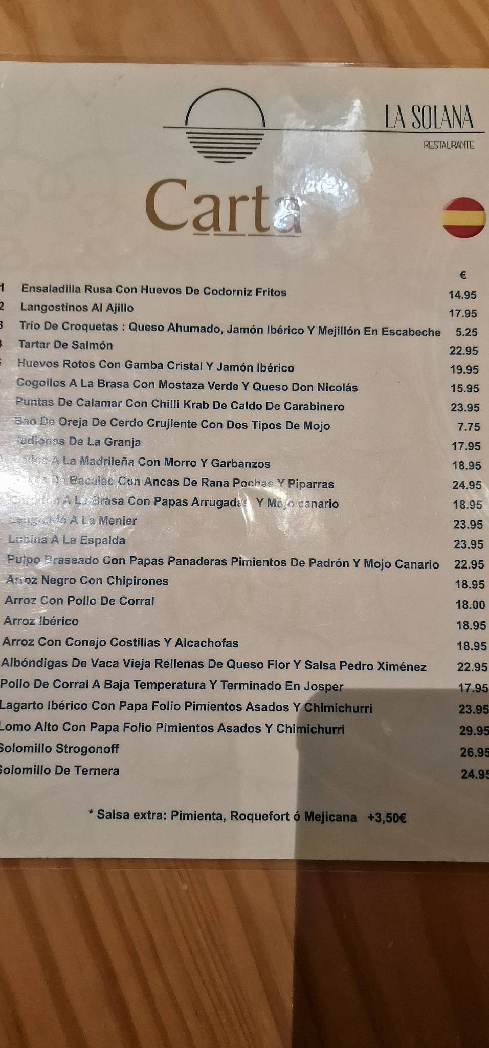 Carta de Restaurante La Solana, Las Palmas de Gran Canaria