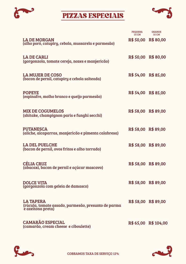 La Tapera Pizzas e Massas cardápio