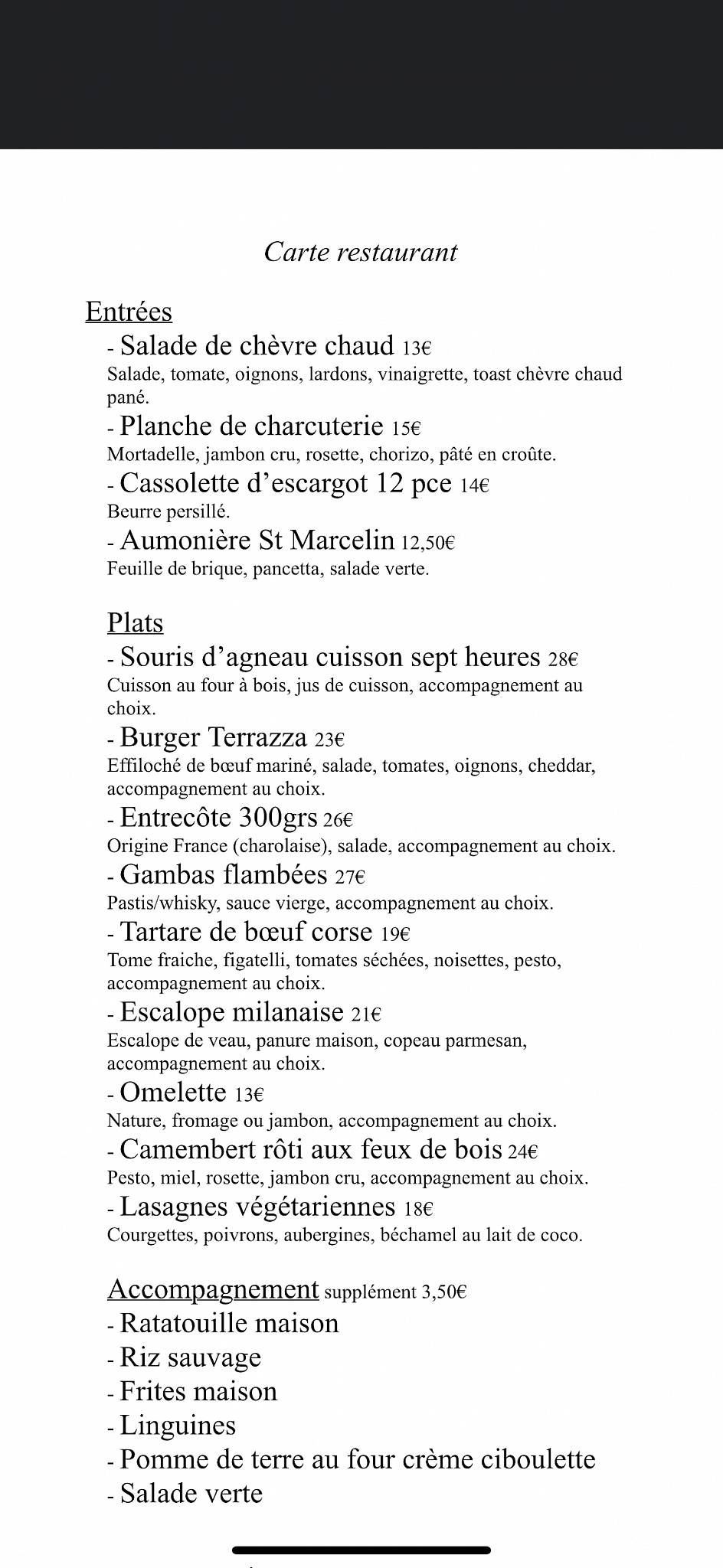 Menu de La Terrazza