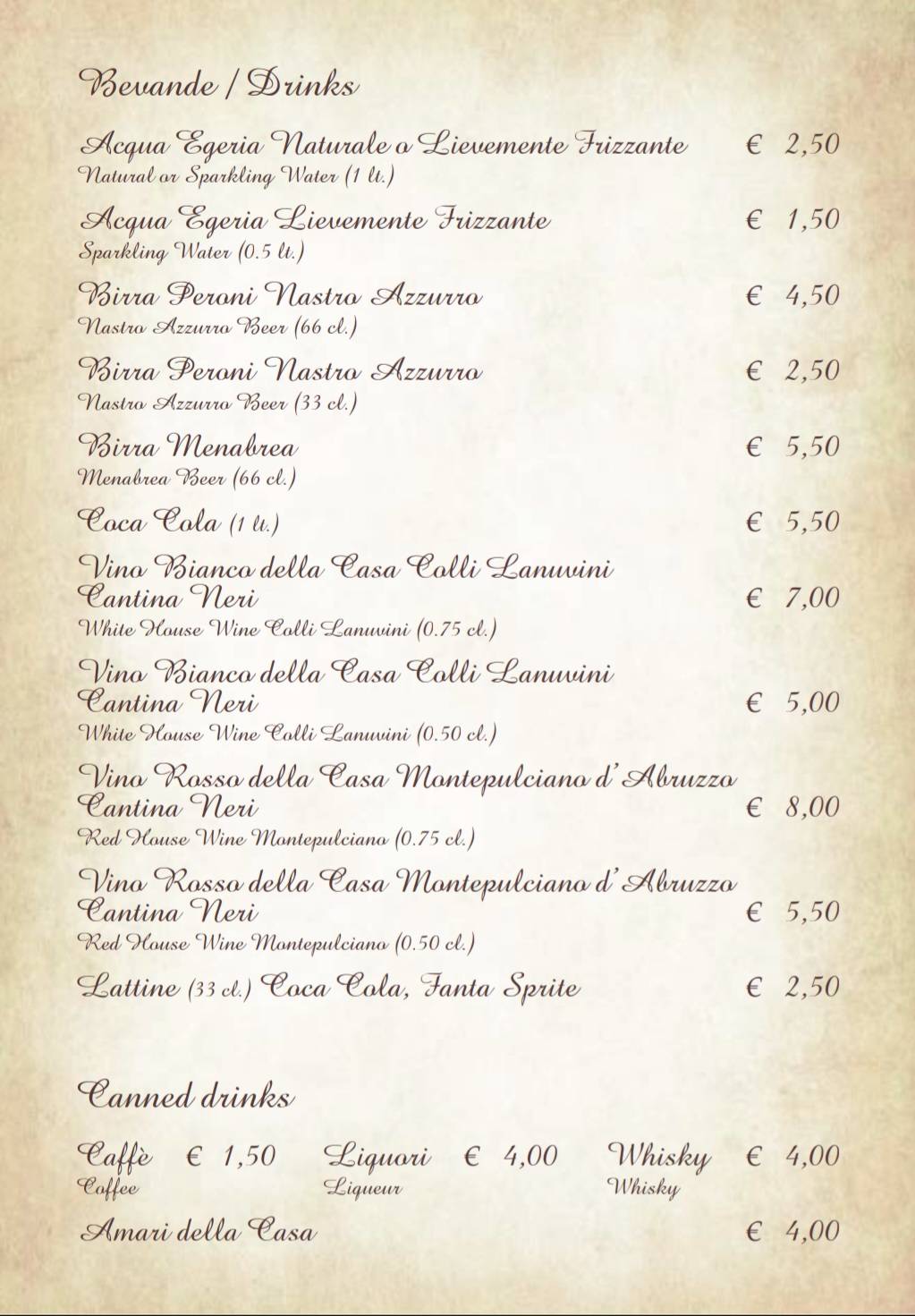 Menu di La Villetta 